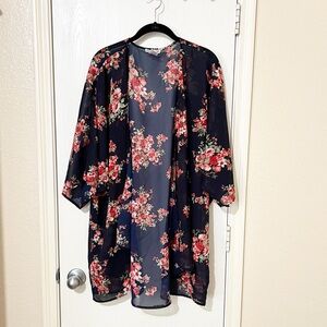 [Dizzy Gal] Sheer Kimono Cover Up Navy Blue Floral Roses Open Waterfall Front 2X